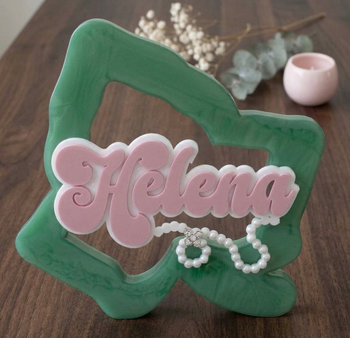 Personalized 3D Printed Pink & Green Ivy Leaf Desktop Name Sign