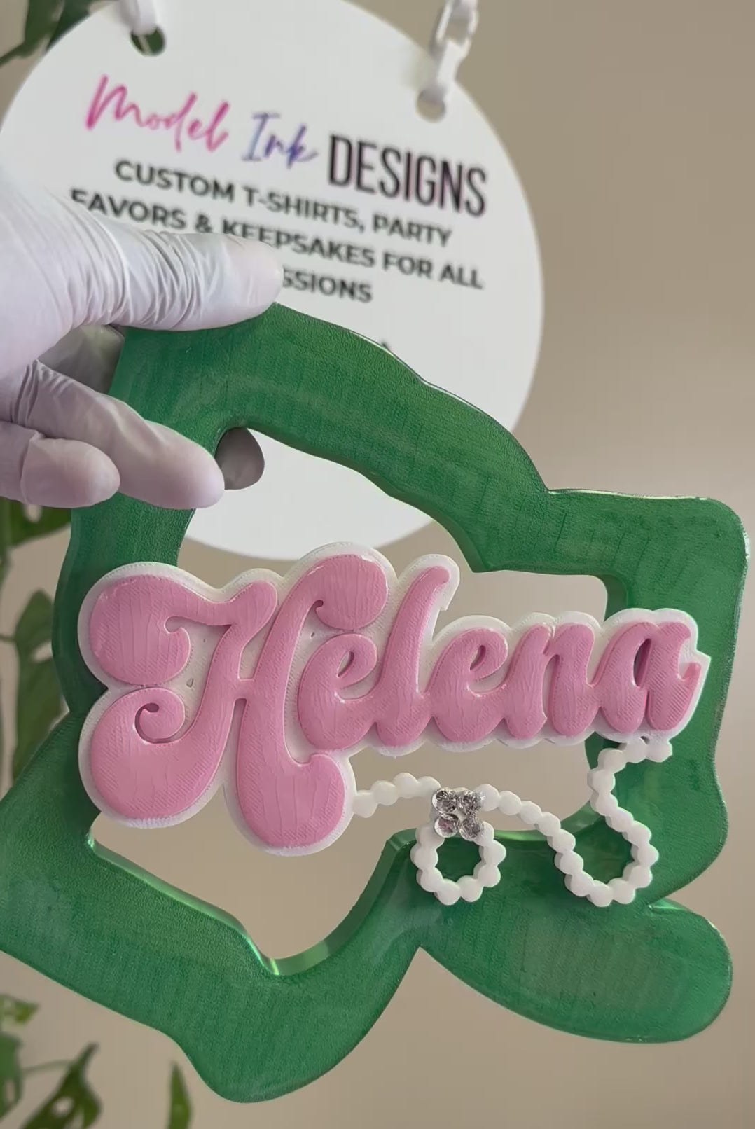 Personalized 3D Printed Pink & Green Ivy Leaf Desktop Name Sign